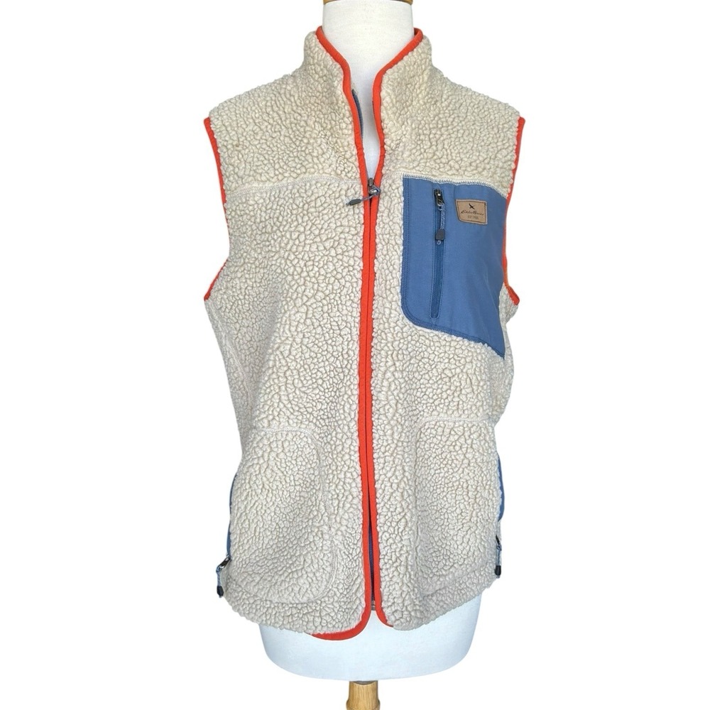 Eddie Bauer Sherpa Vest Women's Large Colorblock Retro Beige Full Zip Pockets